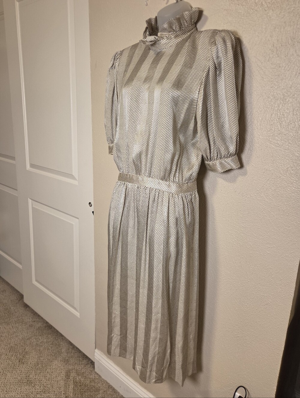 Vintage Albert Nipon Silk Polka Dot Feminine Secretary Dress Ruffle High Neck 10 - Picture 2 of 14